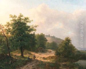 A mountainous wooded landscape with travellers conversing on a sandy track
