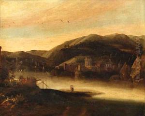 A river landscape with figures, a town and hills beyond by Jacob De Villeers
