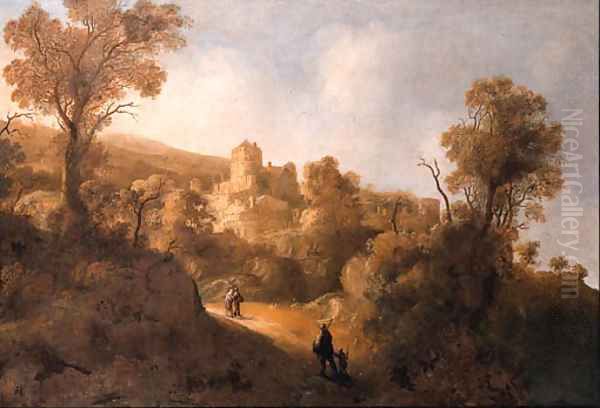 Travellers on a path in a mountainous landscape, a fortified town in the distance - view 1