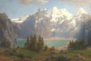 A herdsman grazing his cattle before a mountain lake by Johann Jakob Vollweider