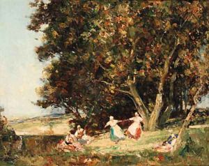Figures dancing in a rustic landscape; and Figures resting on a country path by Joseph Vickers De Ville