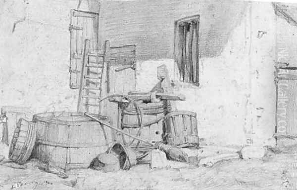 Barrels stacked in the angle of cottage wall - view 1