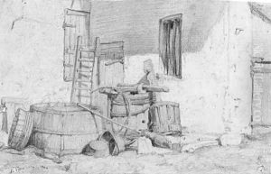 Barrels stacked in the angle of cottage wall by Leon Villevielle