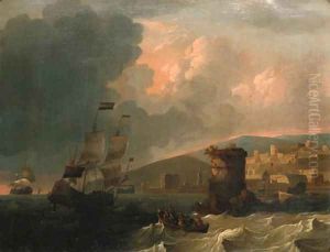 Dutch shipping off an Italianate harbour by Wigerus Vitringa
