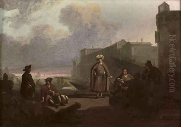 An Italianate harbour with merchants conversing on a quay - view 1