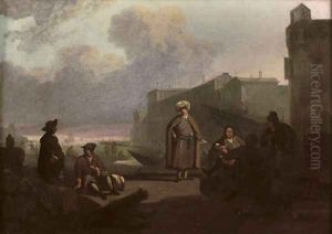 An Italianate harbour with merchants conversing on a quay by Wigerus Vitringa