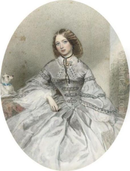 Portrait Of A Lady,
Three-quarter-length, Seated, In Black Dress, Her Dog At Her Side
(illustrated); And Portrait Of A Lady, Three-quarter-length, Seated, In
White Dress, In An Interior - view 1
