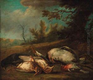 A dead blackbird, a chaffinch, thrushes and a heron in a landscape