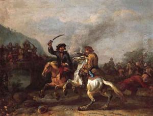 A cavalry skirmish by a bridge A cavalry skirmish by a bridge