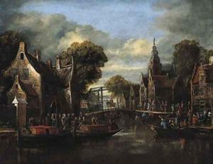A village by a river with ferries by a bridge and peasants outside an inn by Rutger Verburgh