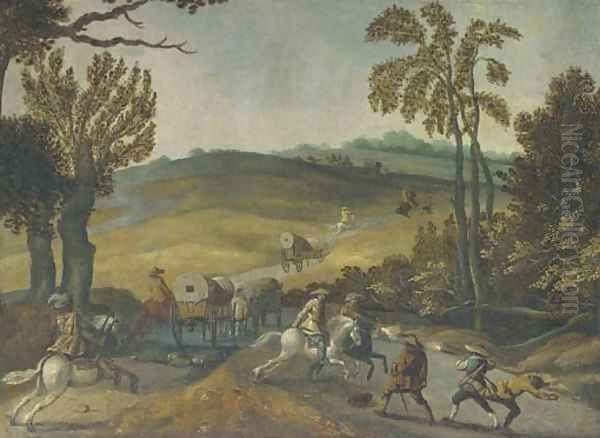 A wooded landscape with bandits ambushing travellers - view 1