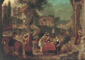 An extensive Italianate landscape of a country house garden with Roman ruins, backgammon players, an amorous couple and a lute player in the foregroun