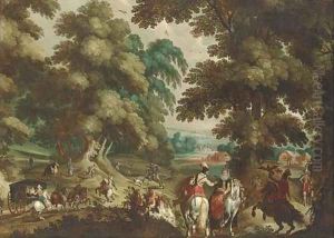 A wooded landscape with a hawking party and elegant company in a carriage by Sebastian Vrancx