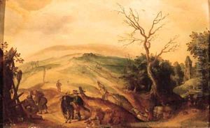 A traveller and pilgrims halting near a chapel on a country road, a church and a valley beyond by Sebastian Vrancx