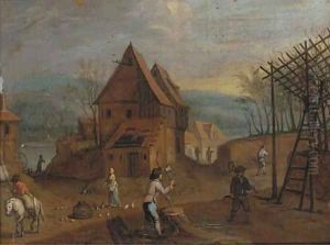 A village landscape with figures by Sebastian Vrancx