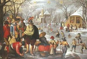 A winter landscape with elegant company preparing to go skating