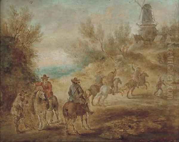 Cavalrymen making for a hilltop village with a mill - view 1
