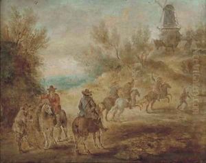 Cavalrymen making for a hilltop village with a mill by Sebastian Vrancx