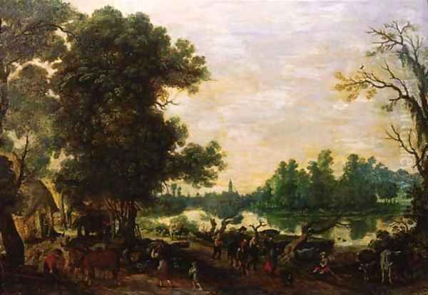 Peasants returning from market on a road by a river - view 1