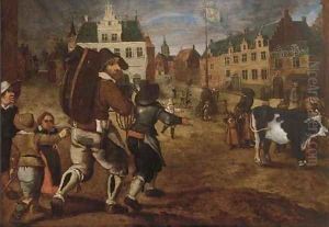 A town square with workers preparing for a kermesse