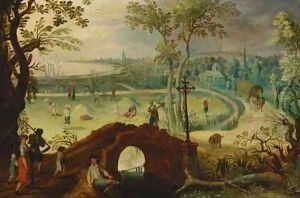 Summer an extensive landscape with harvesters, a view of Antwerp beyond by Sebastian Vrancx