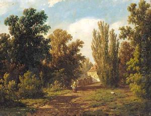 A figure on a sunlit path by Adrianus Jacobus Vrolyk