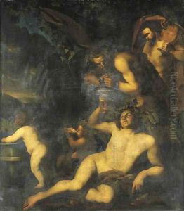 Bacchus drinking in the company of two satyrs and two putti by Dirck Van Voorst