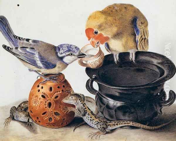 Parrot, Blue Tit, Two Lizards, and Vases - view 1