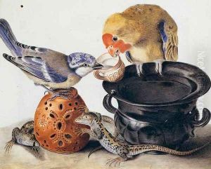 Parrot, Blue Tit, Two Lizards, and Vases by Luisa Vitelli