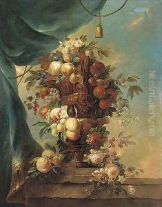 Peaches, plums, grapes, cherries and roses in a gilt urn on a ledge
