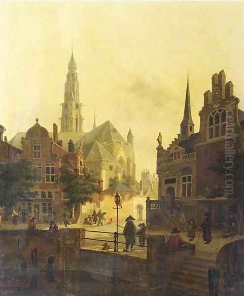 Figures by a canal in a town square - view 1