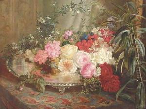 Roses on a silver platter on an oriental rug by Mary Vernon