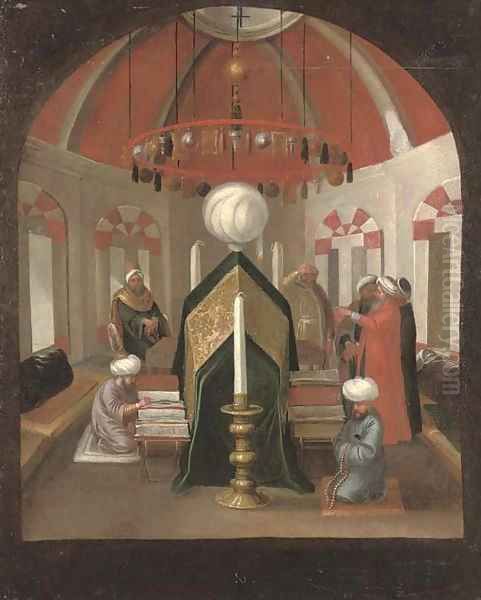 A Turkish mausoleum with figures at the tomb of a Sultan - view 1