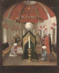 A Turkish mausoleum with figures at the tomb of a Sultan by Jean Baptiste Vanmour