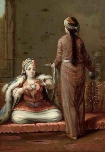 A Turkish lady seated on a cushion, being served by a maid servant by Jean Baptiste Vanmour