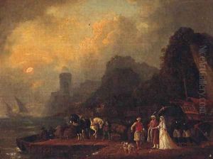 Figures in Oriental costume on a quay at dusk