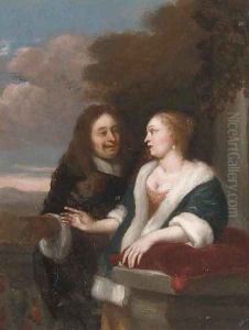 A gentleman courting a lady in a garden by Arie de Vois