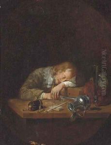A man asleep on a table by Arie de Vois