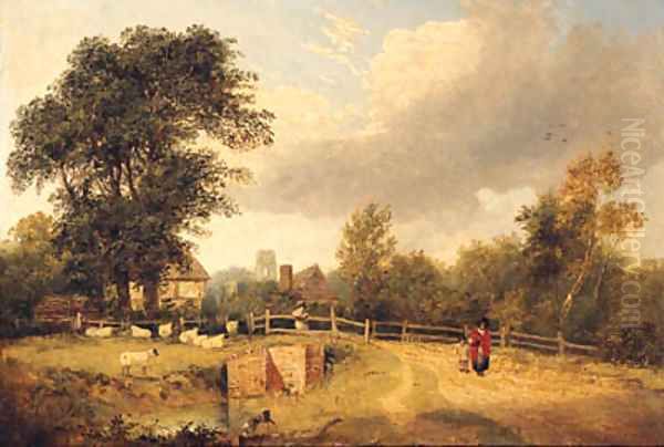 A Wooded River Landscape With Figures On A Path, A Village Beyond by George Vincent