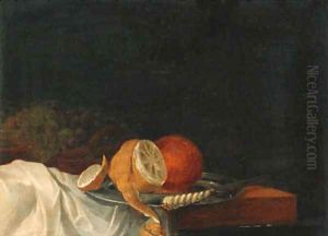 A peeled lemon, an orange and a knife on a pewter plate