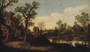 A wooded River Landscape with a Ferry and Figures on a Track