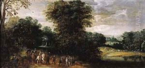 Cavalrymen and infantry escorting a prisoner on a country road