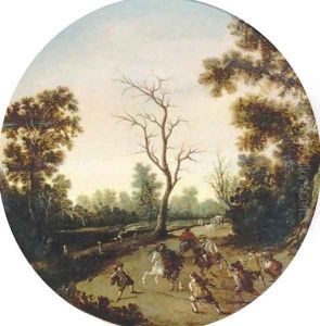 A wooded landscape with an ambush, a horse-drawn cart beyond