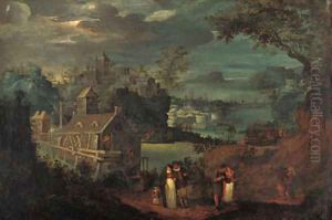 A mountain river landscape with elegant company on a path, a mill and a town beyond