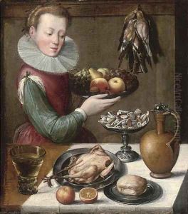 A young woman holding apples by Lucas Van Valkenborch