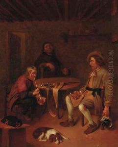 A soldier and companions smoking and drinking in an interior