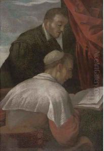An interior with two clerics