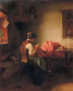 Young girl sewing by Ludwig Vollmar