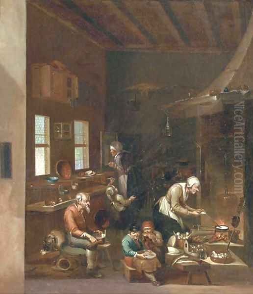 A woman frying pancakes on an open fire, children eating and other figures preparing food in a kitchen - view 1