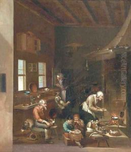 A woman frying pancakes on an open fire, children eating and other figures preparing food in a kitchen by Anthonie Victorijns